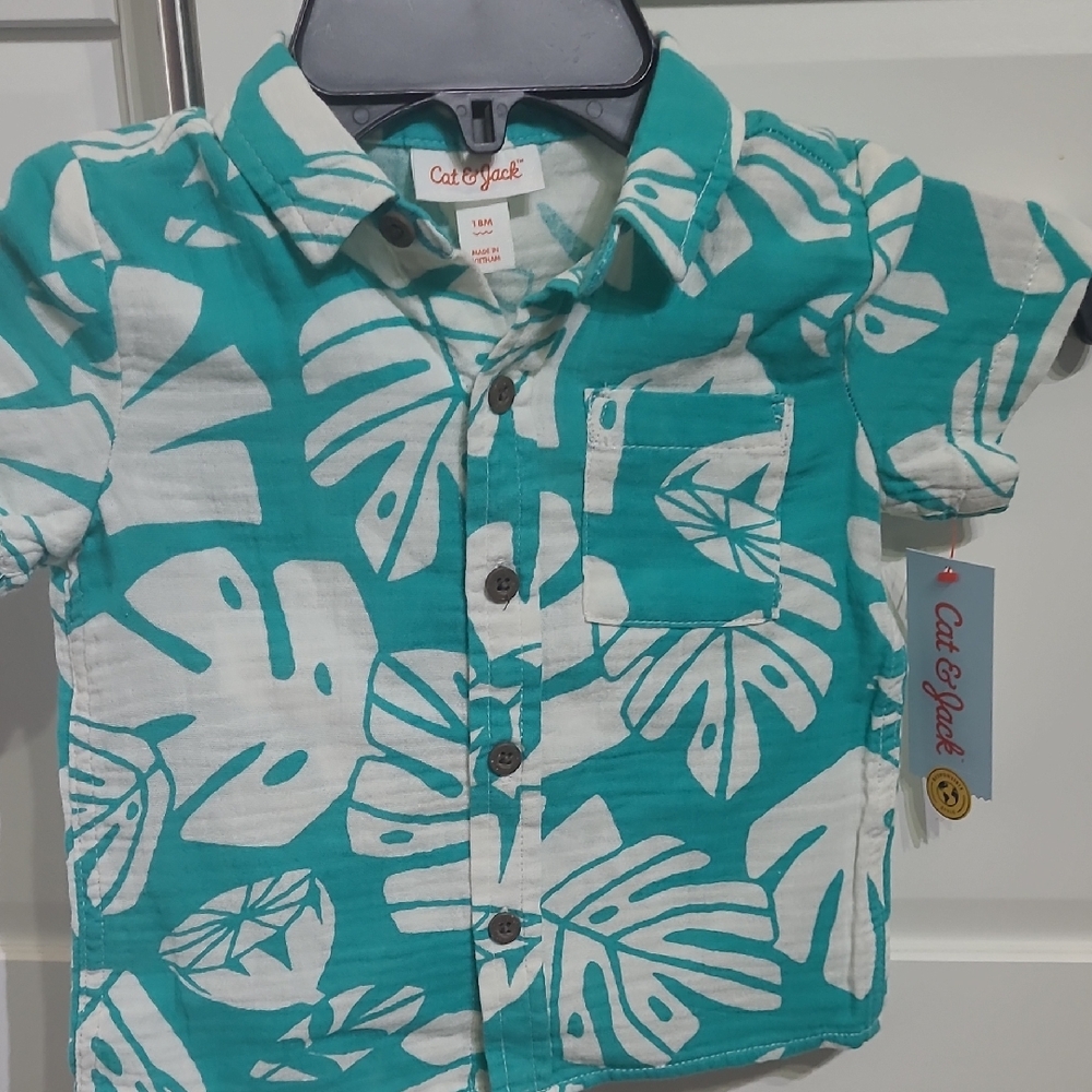 CAT AND JACK TODDLER BOY"S PALM PRINTED GAUZE SHRIT GREEN SHORT SLEEVE SIZE 18M